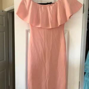 celinea blush bardot frill midi dress